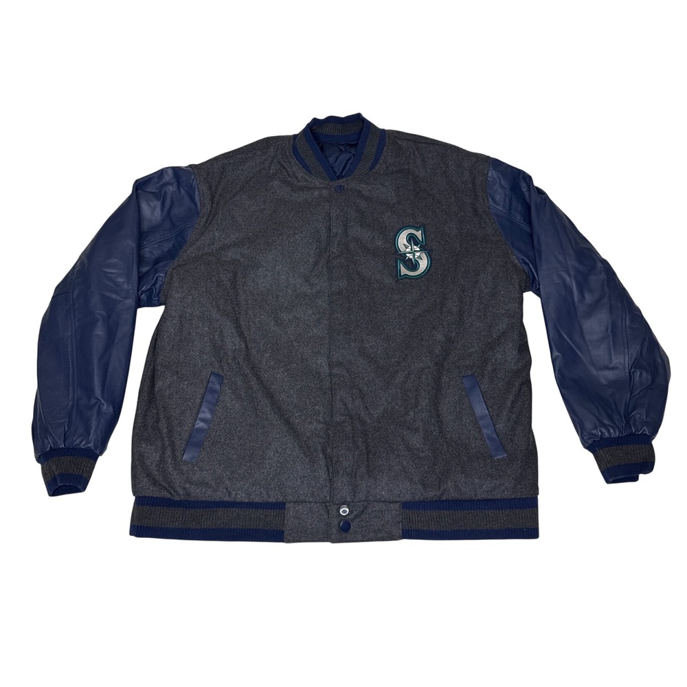 MLB Seattle Mariners Jacket Mens 3XL Blue Wool Leather Reversible Varsity Bomber